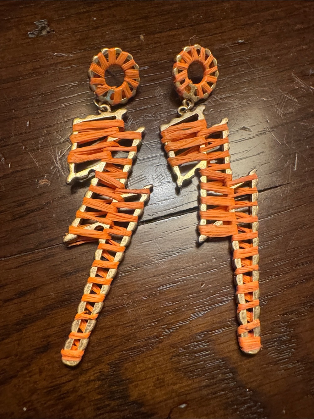 Handwoven Orange lightning bolt Statement Dangle Earrings